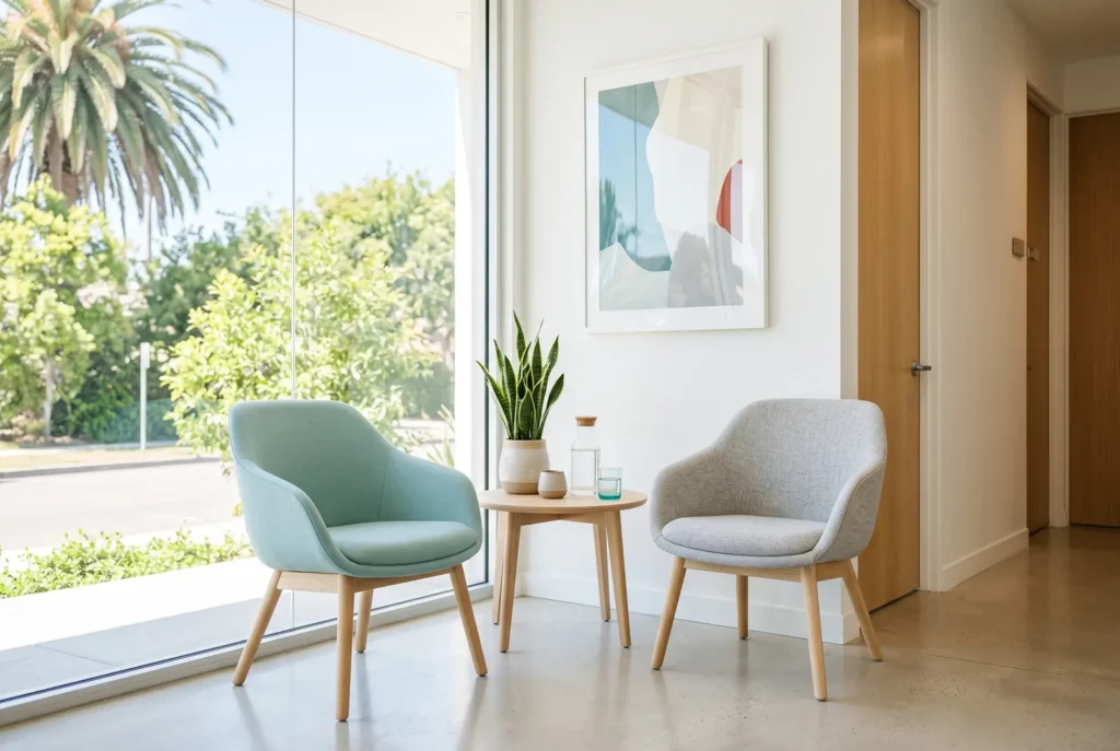 Small welcoming waiting area with two chairs, a plant and bright coastal daylight at a Los Angeles dental office
