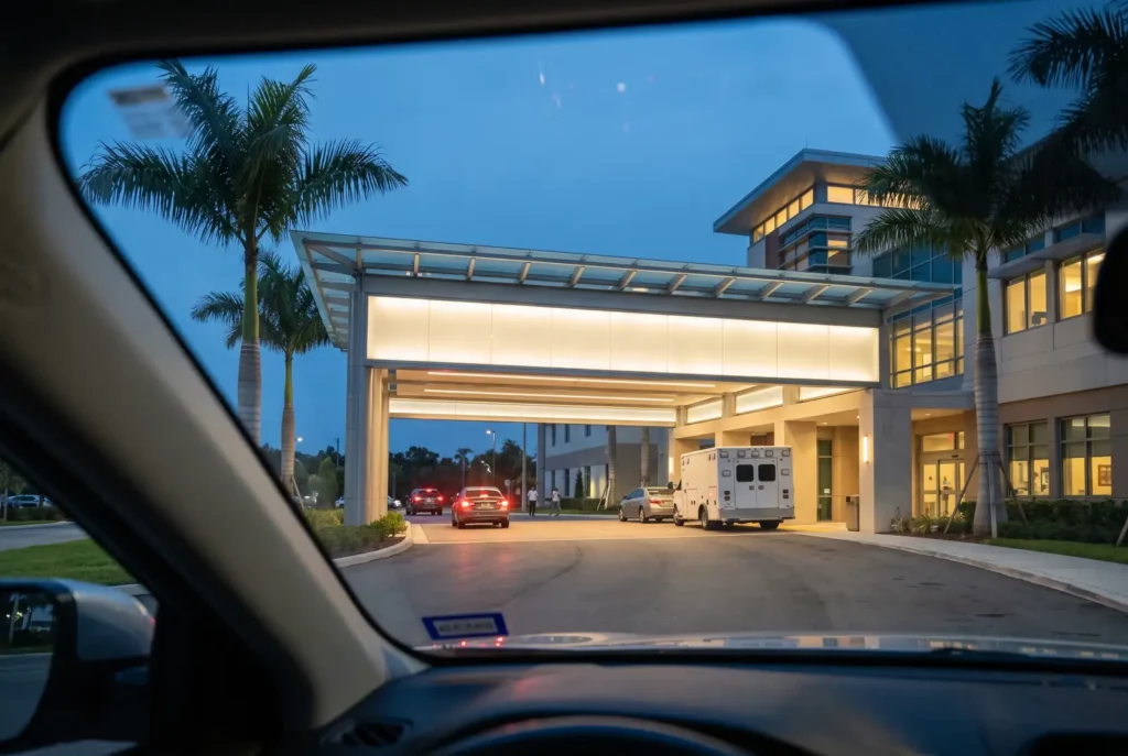 Hospital emergency entrance canopy at dusk seen through a car windshield in Los Angeles