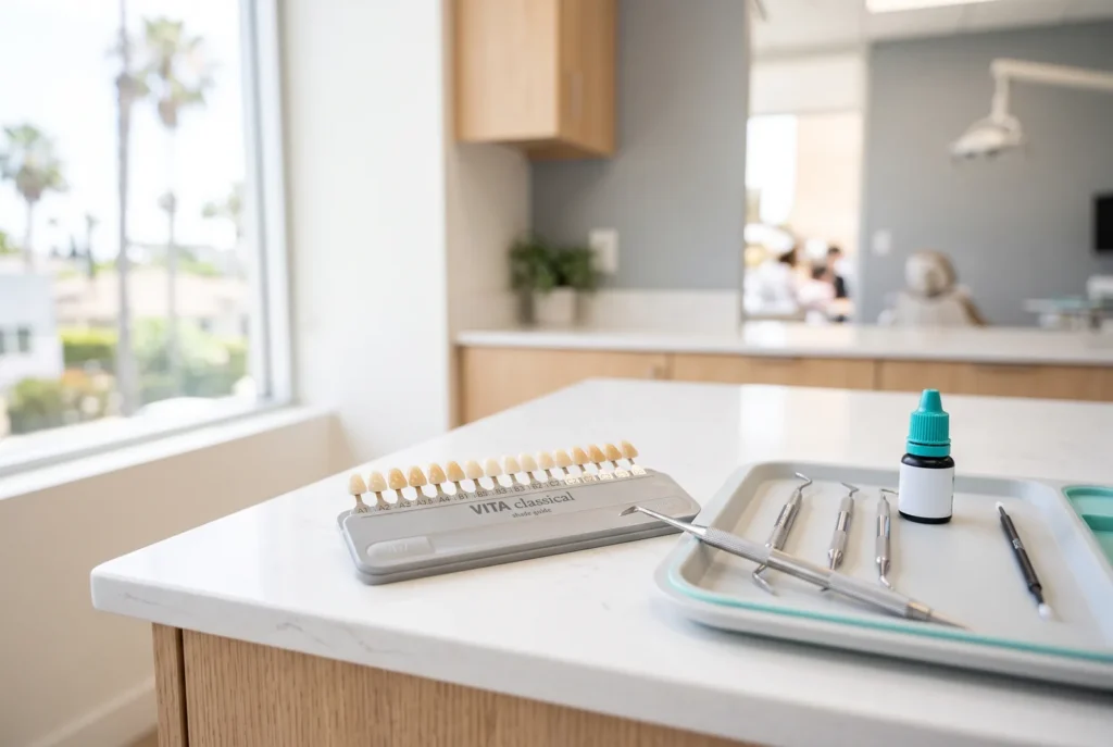 Guía de colores de resina dental e instrumentos listos para reparar un diente roto en Los Ángeles