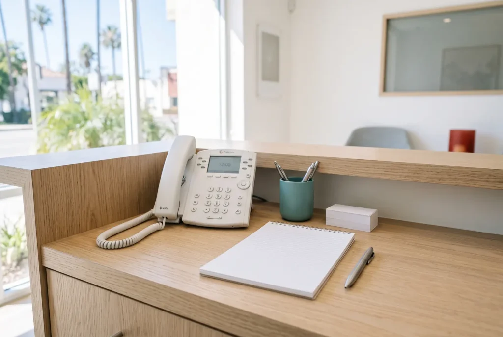 Teléfono de escritorio y libreta en el mostrador de recepción de un consultorio dental de emergencia en Los Ángeles