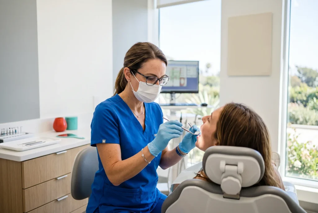 Dentist examining a patient with a dental mirror during a same-day abscess visit in Los Angeles
