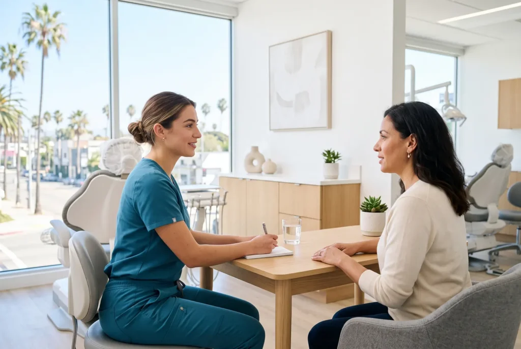 Dental team member listening to a patient across a consult table in a bright Los Angeles office