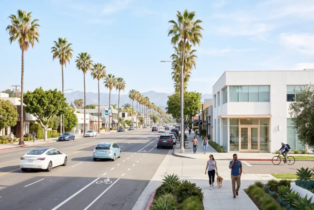 Wide Westside Los Angeles boulevard lined with tall palm trees under a clear morning sky