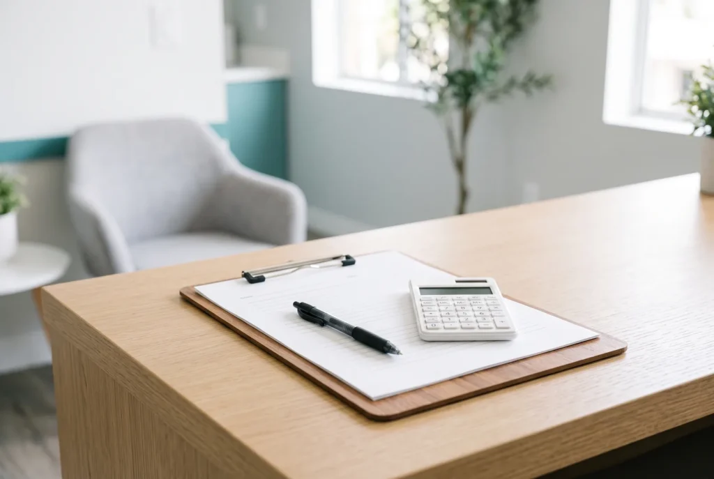 Clipboard with a blank form, pen and calculator on a wood desk, the written-price process at a Los Angeles emergency dentist