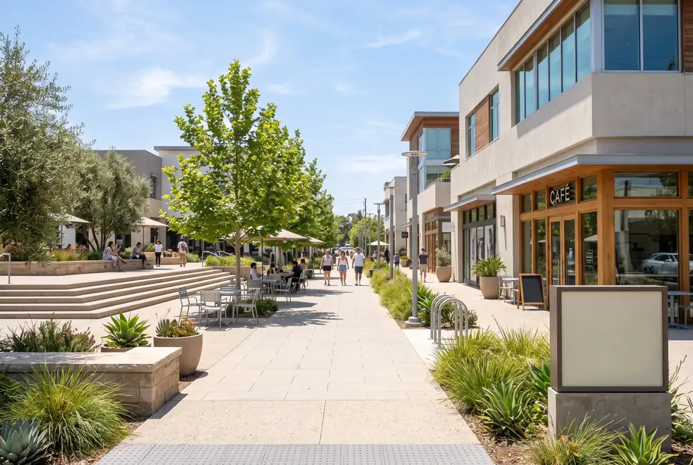Bright pedestrian plaza with wide steps, cafes and trees in a walkable Los Angeles Westside downtown