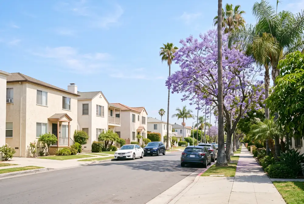 Quiet Palms residential street with apartment courtyards and palm trees in bright Los Angeles morning light