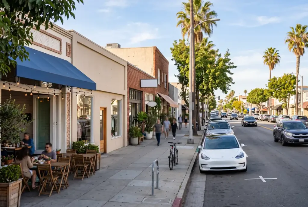 Lively West Los Angeles commercial street with small restaurants, string lights and palm trees in daylight