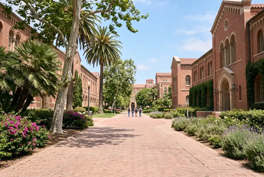 Brick university buildings and a tree-lined walkway on a sunny Los Angeles campus