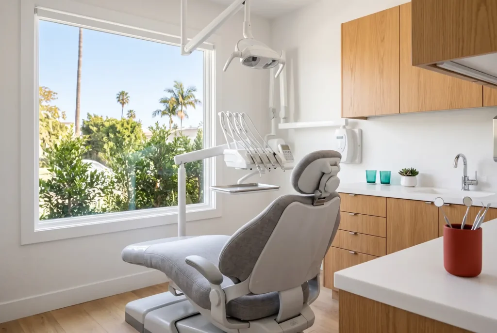Comfortable dental chair in a sunlit Los Angeles treatment room set up for an emergency root canal