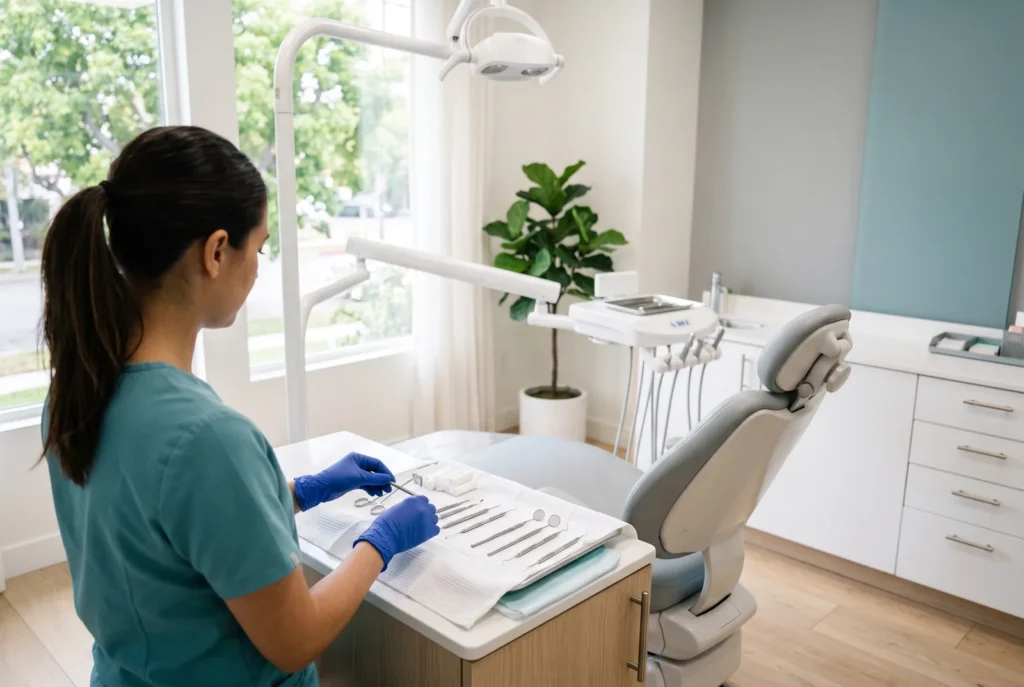 Dental professional preparing sterile instruments for an emergency tooth extraction in Los Angeles