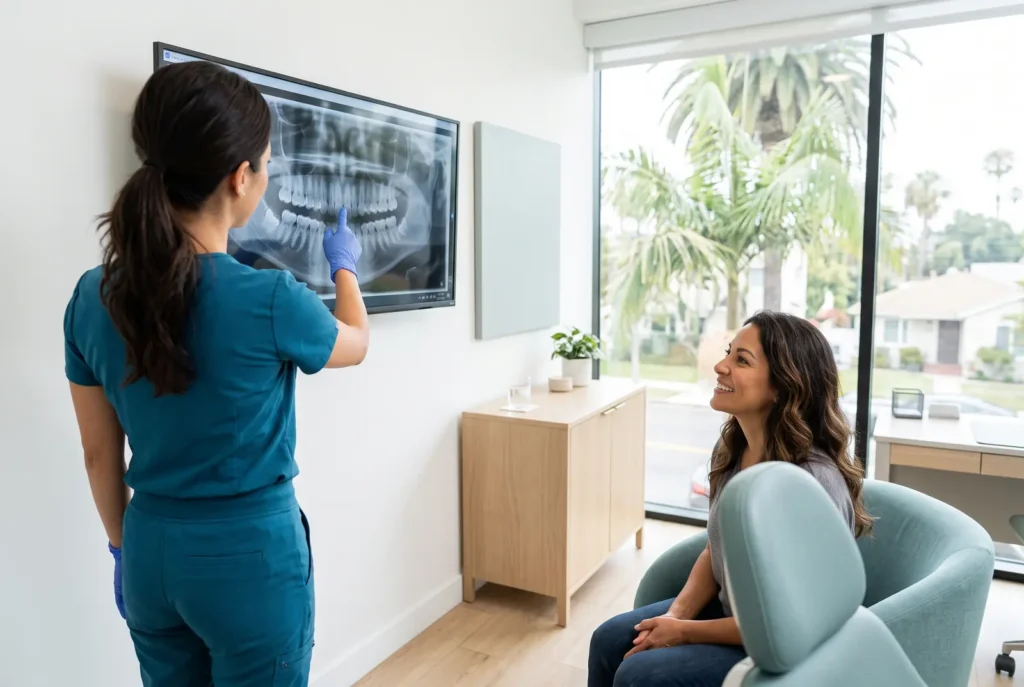 Clinician pointing to a panoramic dental X-ray on a monitor before a wisdom tooth extraction in Los Angeles