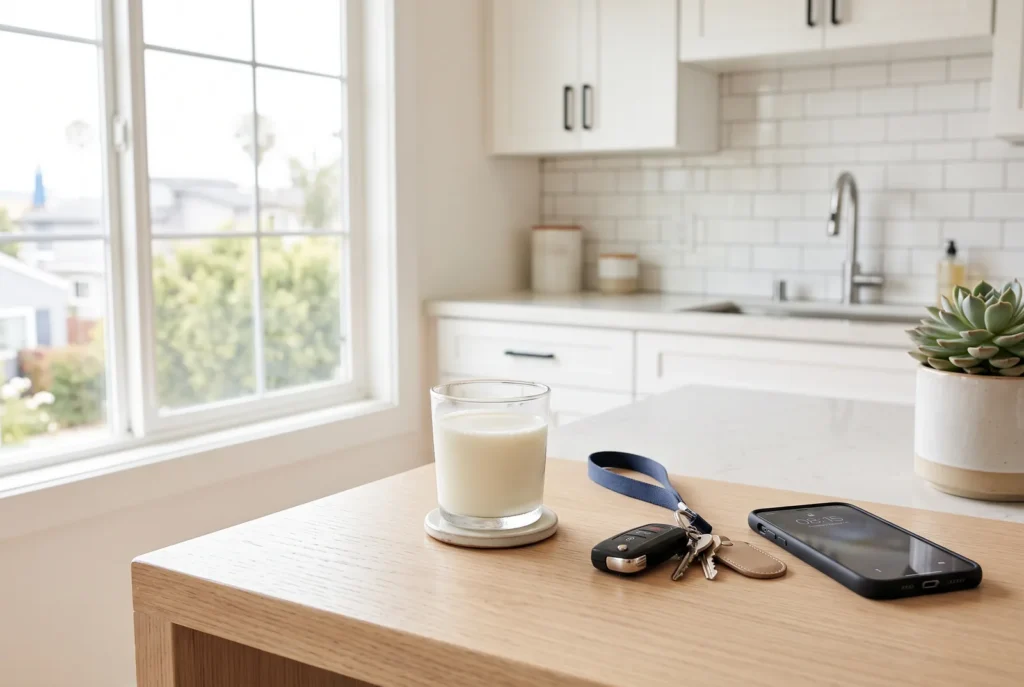 Glass of milk beside car keys and a phone on a kitchen counter, the first steps for a knocked-out tooth in Los Angeles