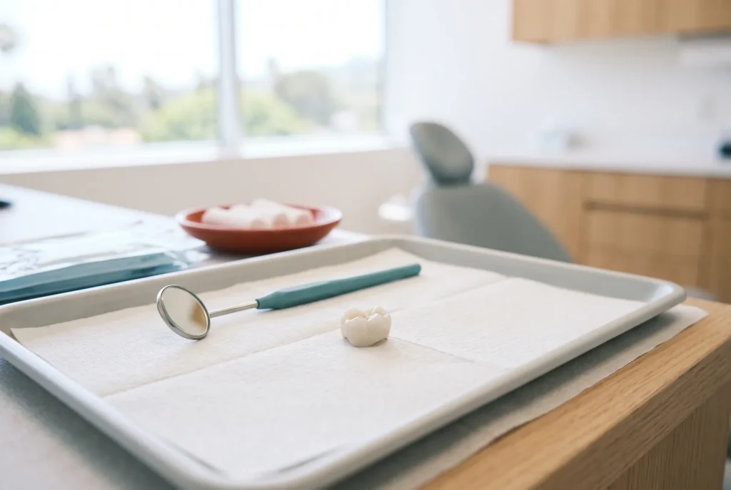 Single white dental crown resting on a tray beside a mirror, ready to be re-cemented in Los Angeles