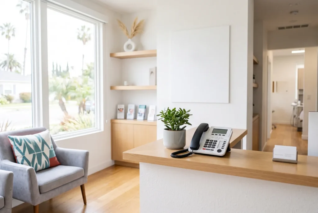 Tidy dental reception counter with a phone and a plant, where same-day appointments in Los Angeles are held