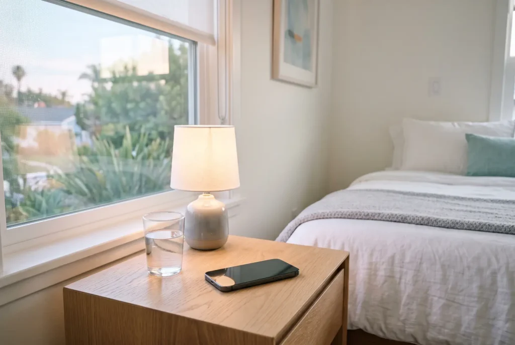 Phone on a nightstand in soft evening light, the 24/7 line for after-hours dental emergencies in Los Angeles